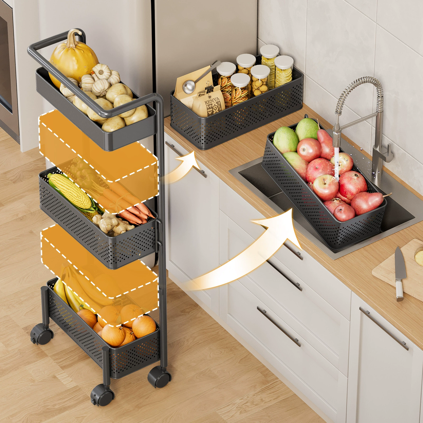 Modern and minimalistic cart, rotating multilayer storage system