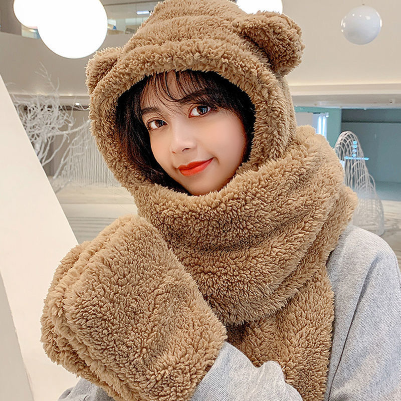 Bear Scarf Three-piece Set Women's Autumn and Winter Scarf Scarf All-in-One Hat Seto Rabbit Hair Hooded Gloves Cute Thickened Warm