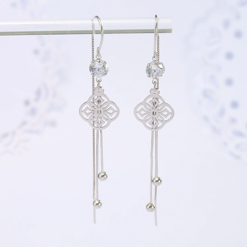 Long earrings with tassels, silver 925 sample, four-leaf clover, simple and elegant design