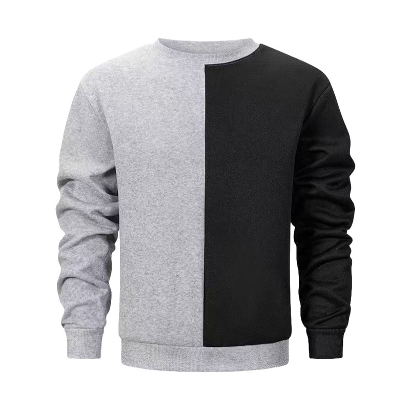 Round Neck Sweatshirt with Black and Gray Color-Blocking Patchwork, Long Sleeves, Simple and Stylish Korean Style Pullover Men's Sweatshirt