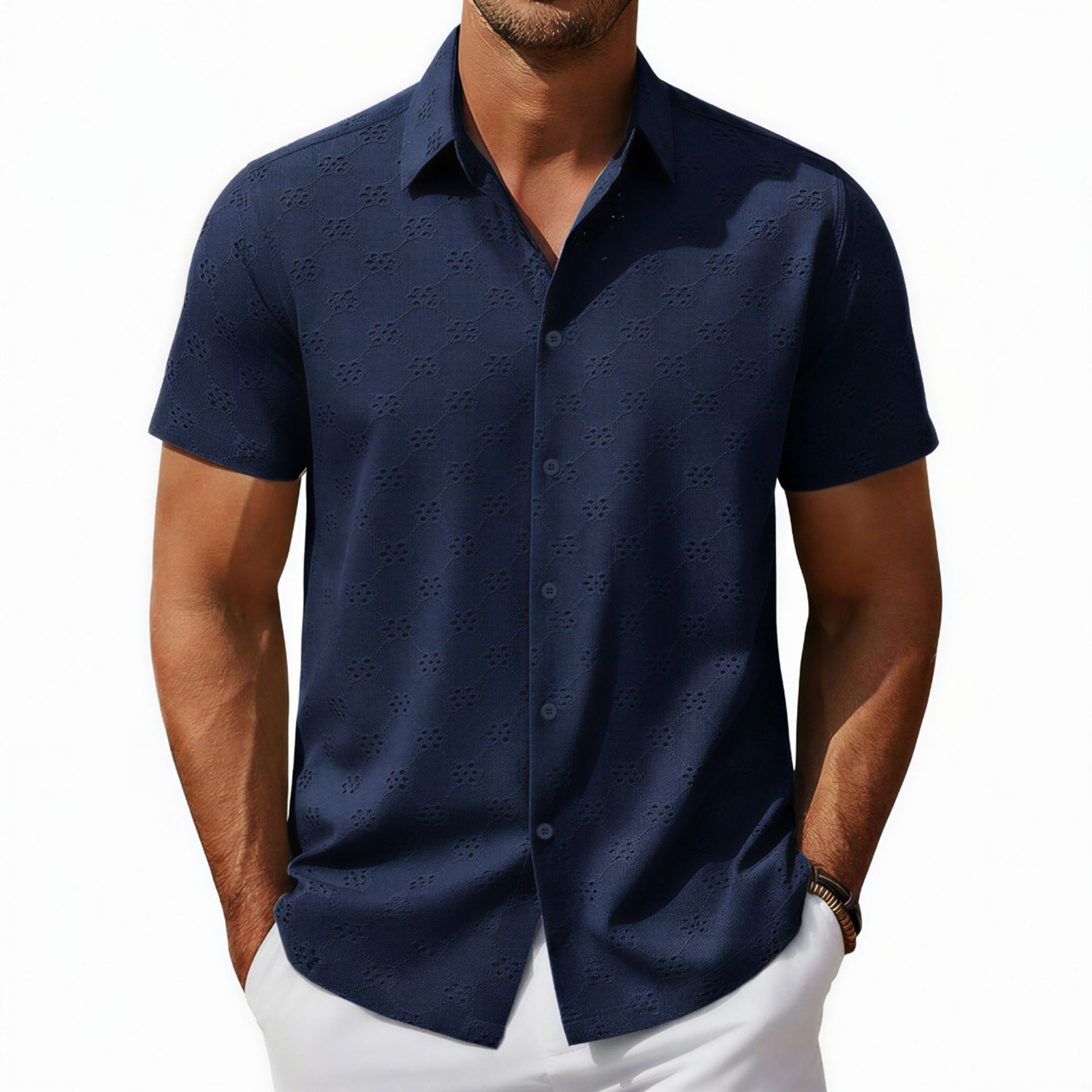 Herrenmode im europäischen und amerikanischen Stil: Sexy, hohles Jacquard-Muster, sommerlich, lässig, Kurzarm, umklappbar_voghion.com