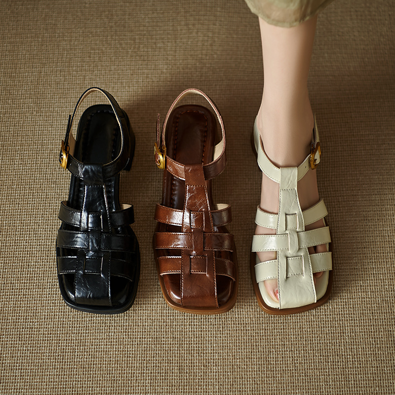 Sandal bít mũi nữ da thật kiểu Pháp cổ điển, gót trung dệt rỗng — Màu nâu, Màu đen, Màu trắng be