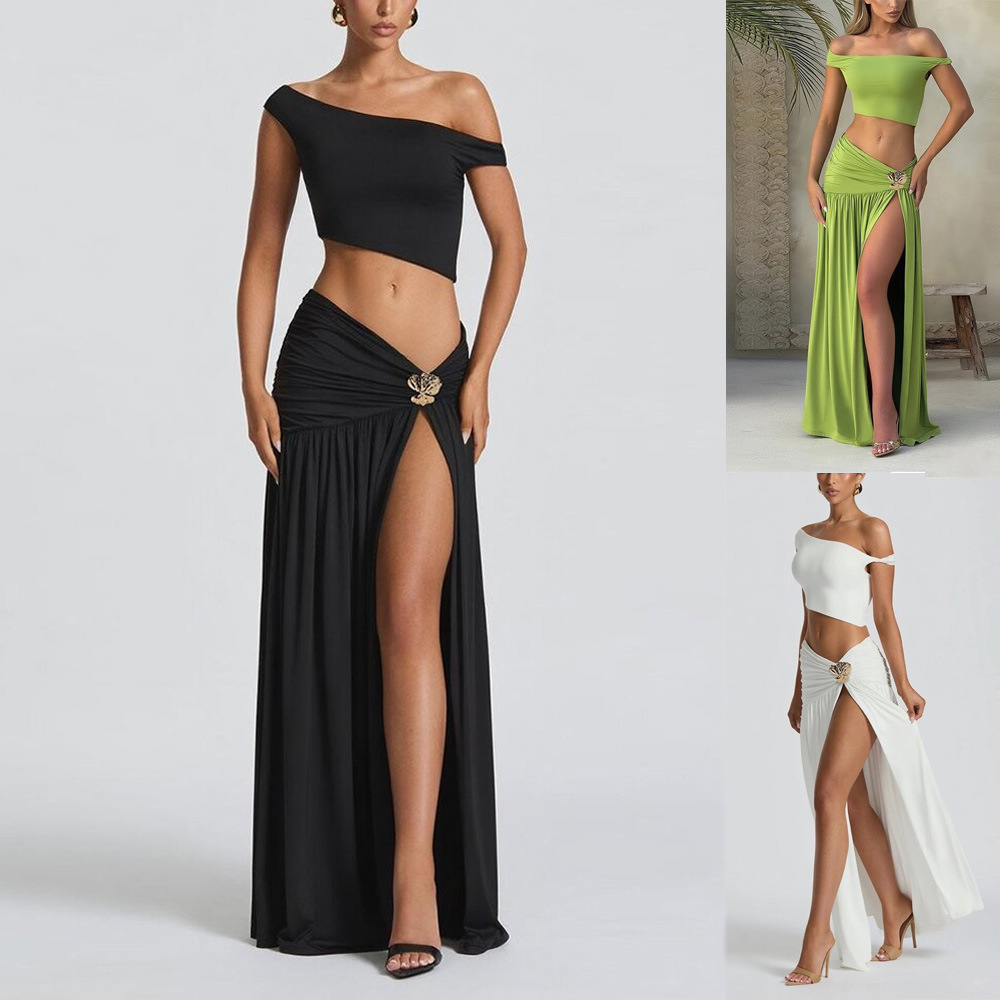 2025 New Amazon European and American Style Women's Sexy Slanted Shoulder Navel-Baring T-Shirt Vest Slim Side Slit Skirt Suit