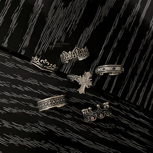 "Black Ebony" Vintage Cool Distressed Cross Crown Ring Accessory Trendy Creative Stackable Patterned Index Finger Ring
