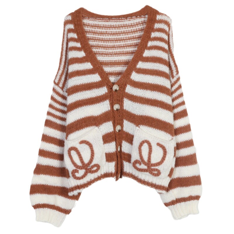 2024 Spring and Autumn New V-neck Sweater Knitted Cardigan Women's Striped Hand Hook Lazy Style Short Long-sleeved Knitted Cardigan