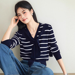 伊*L女装2025秋季新品可拆卸披肩条纹V领羊毛针织开衫女1G8932381