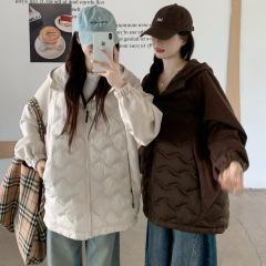 欧洲站大码25新款连帽棉服女轻薄外套棉袄袖子拼接宽松棉衣闺蜜装