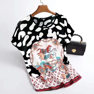 Foreign Trade Cross-border 2025 Summer New Ice Silk Positioning Printed T-shirt Loose Belly Covering plus size Base Shirt Top for Women