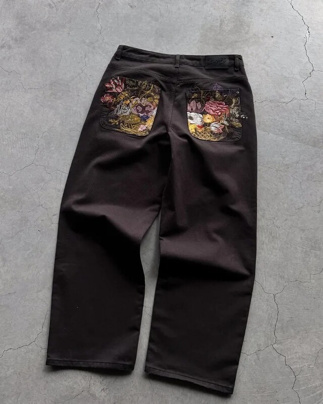 Cross-Border Streetwear 2025 American Retro Harajuku Floral Embroidery Loose Jeans Men's High Street Fashion Street Clothing
