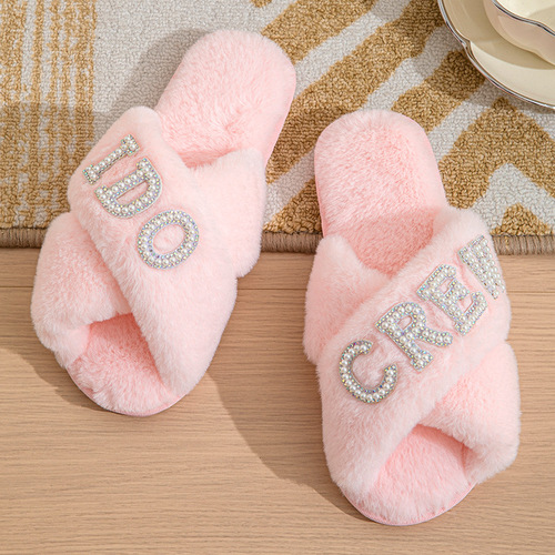 BRIDE Plush Slippers with Pearl Letter New Bride Cross Fleece Slippers for Solo Party Wedding