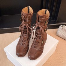 羊皮版~小众平底皮带拳击靴女内增高5cm后拉马丁靴西部猎鸭短靴子