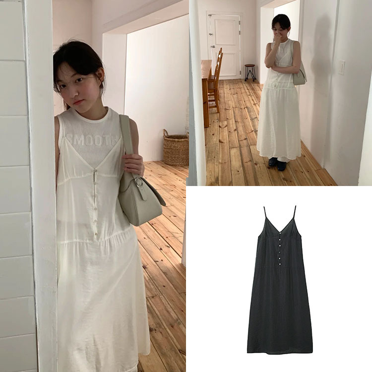 Fan Sun·Xh Korean Style Lee Kum Ho Same Style Buttoned Suspender Dress Dongdaemun New Summer V-Neck Slimming Dress