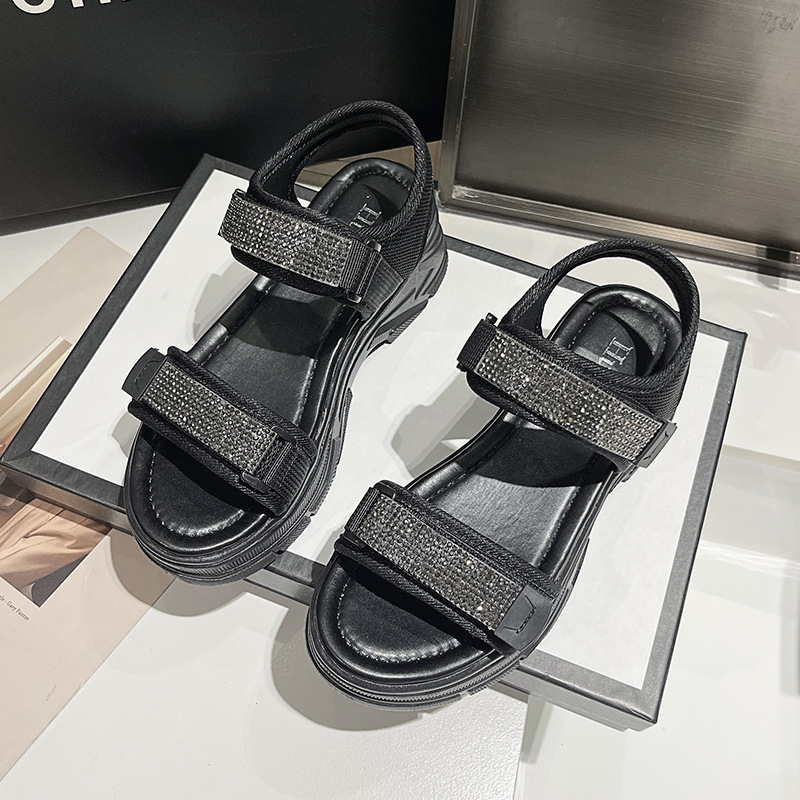 Water Diamond Sports Women's 2024 Summer New Pine Cake Thick Sole Beach Shoes Fashion Casual Velcro Sandals_voghion.com