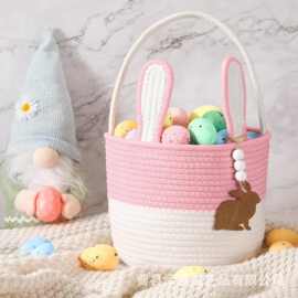 跨境复活节棉绳编织提篮兔子造型创意收纳筐复活节兔子造型手提篮
