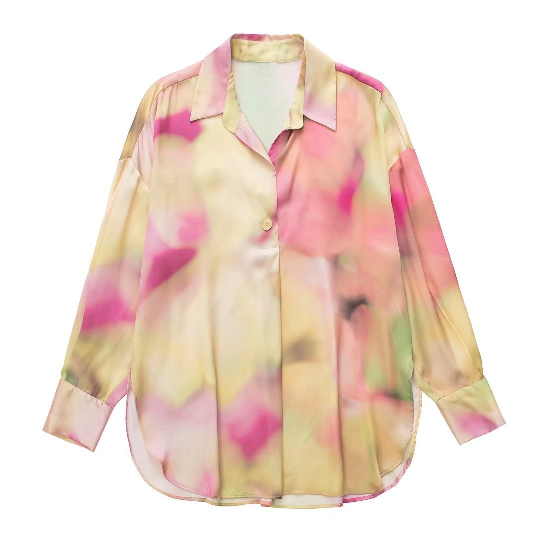 slim long-sleeved tie-dye silk satin shirt NSXFL117712