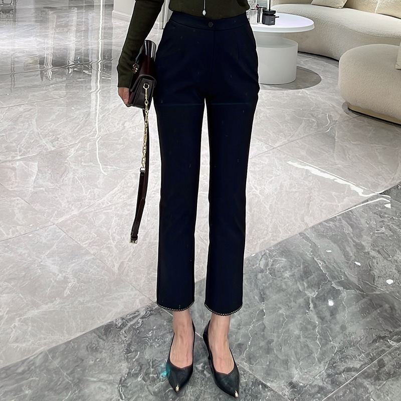 黑色修身小脚裤气质通勤显瘦九分裤女2025秋装新款女裤花边小腿裤|undefined