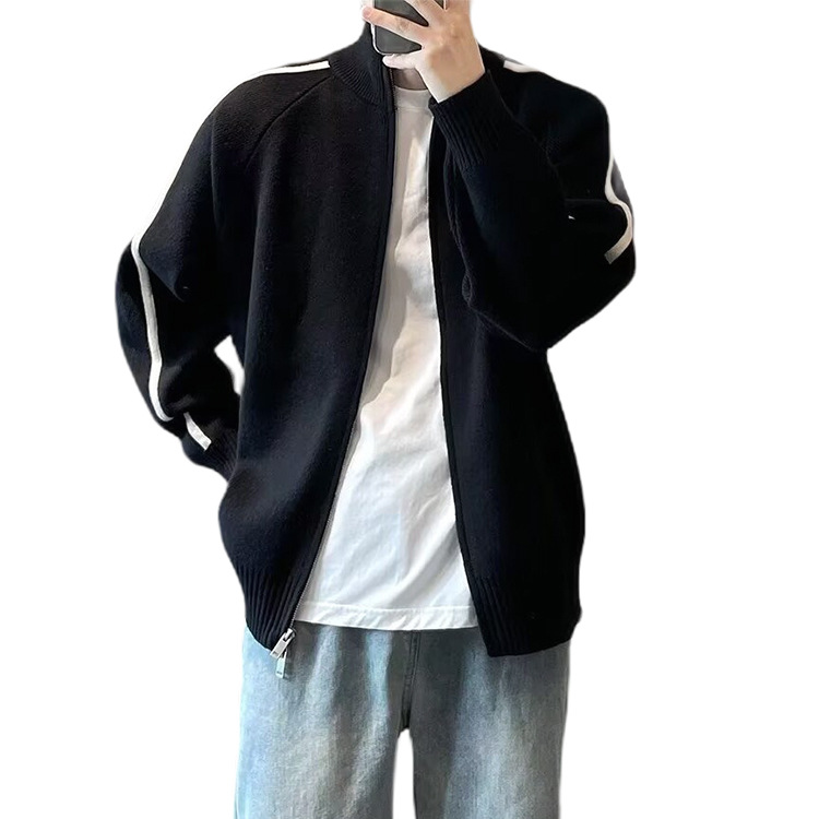 Explosiones transfronterizas de tamaño grande europeo a rayas cardigan suéter de punto chaqueta de hombre chaqueta de doble cremallera fábrica de marea al por mayor