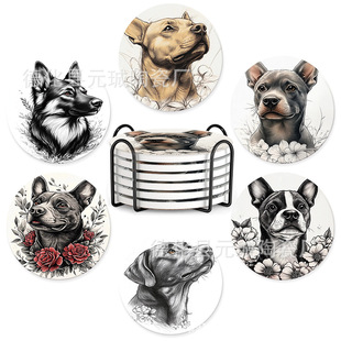 跨境亞馬遜素描狗狗陶瓷杯墊家庭裝飾防滑吸水餐墊咖啡飲料杯墊
