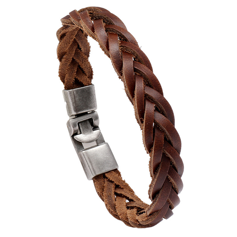 Cross-border new accessories brown woven buckle cowhide bracelet simple personality design sense bracelet European and American men's jewelry