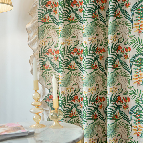 Le Xuanxiu ins green plant ruffled curtain finished product wholesale bedroom kitchen small curtain bay window hook curtain 
