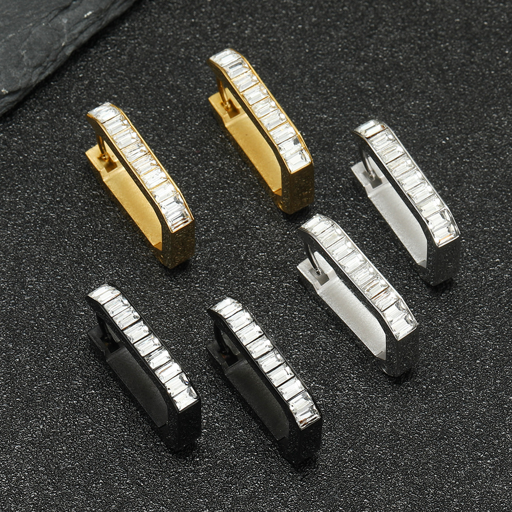 Transfronterizo estilo europeo y americano geométrico rectangular de diamantes incrustados ZIRCON hebilla de oreja de moda para mujer pendientes de acero inoxidable joyería