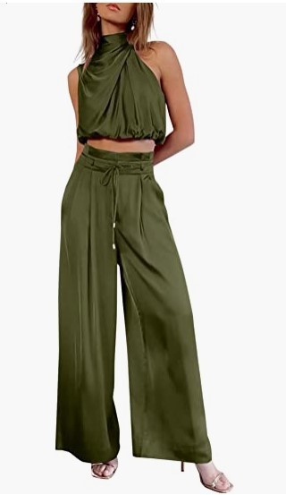 Women's 2-piece Summer Casual Sleeveless Collar Open Navel Top Wide Leg Pants Set_voghion.com