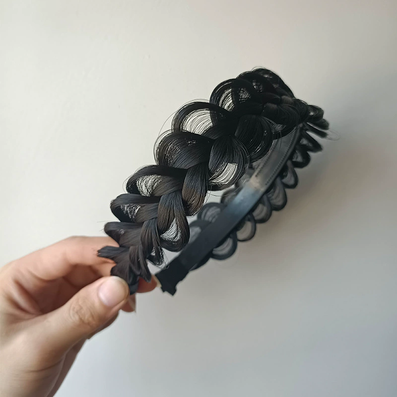 handmade wig headband with pigtail, scalloped hair accessory, matte silk, Ø≈15 cm