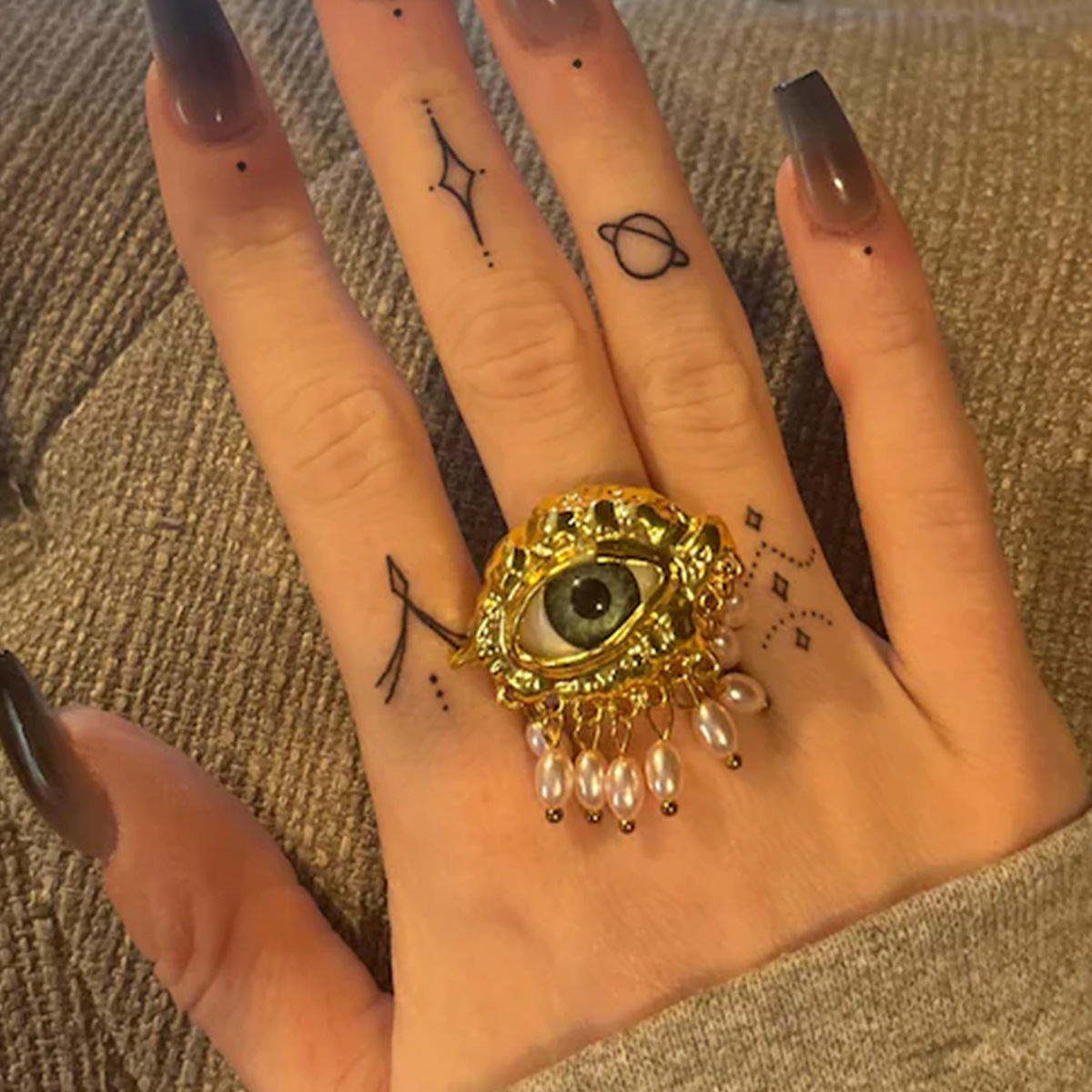 Cross-Border Popular Devil's Eye Pearl Tassel Ring Women's Niche High-End Open Ring Ring Women's Jewelry