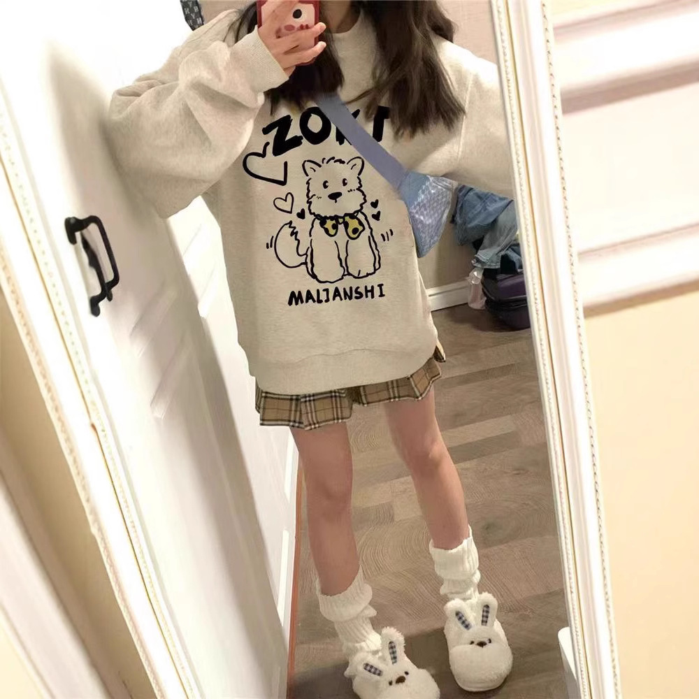 기모 두꺼운 땀 여성의 2024 가을과 겨울 새로운 일본 스타일 귀여운 인쇄 라운드 넥 긴 소매 디자인 미국 스타일 탑