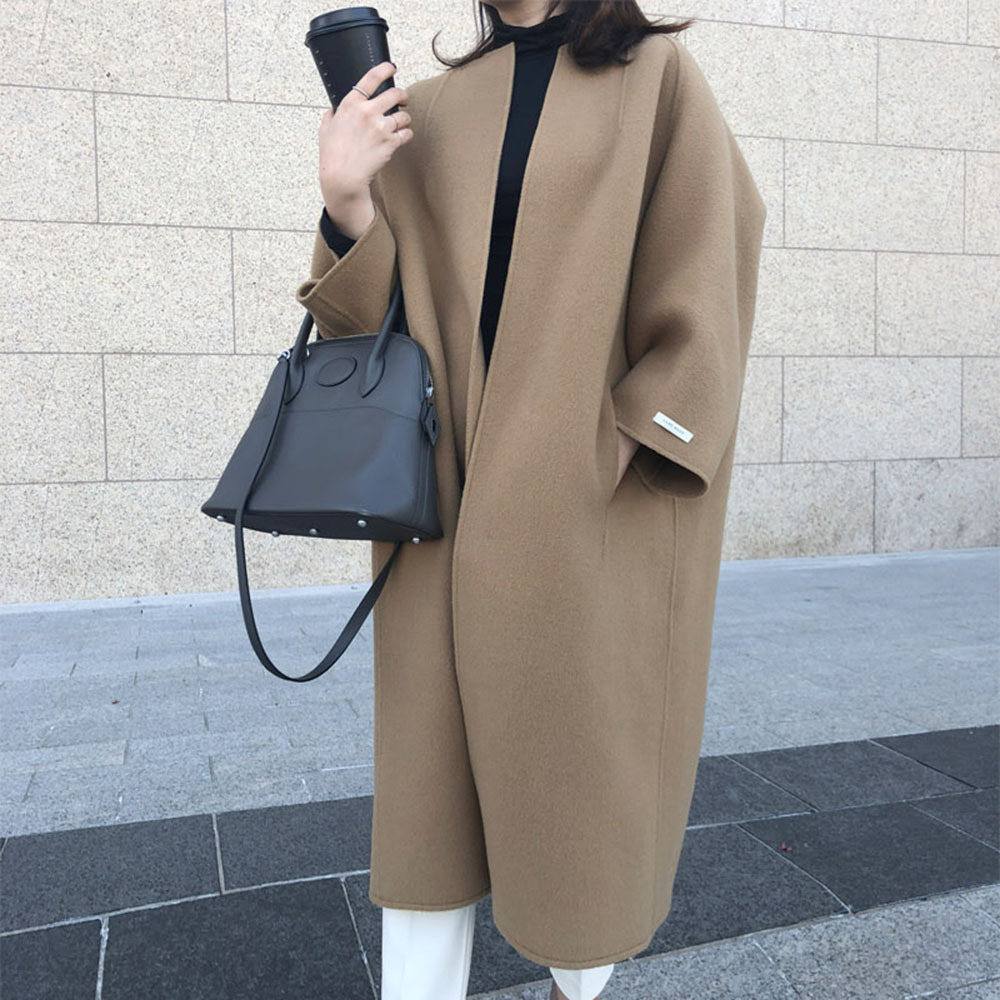 7-Color Spot Cross-Border Popular Women's Outwear 2024 Woolen Outwear Women's Winter Long Pure Color Straight Long Outwear Top