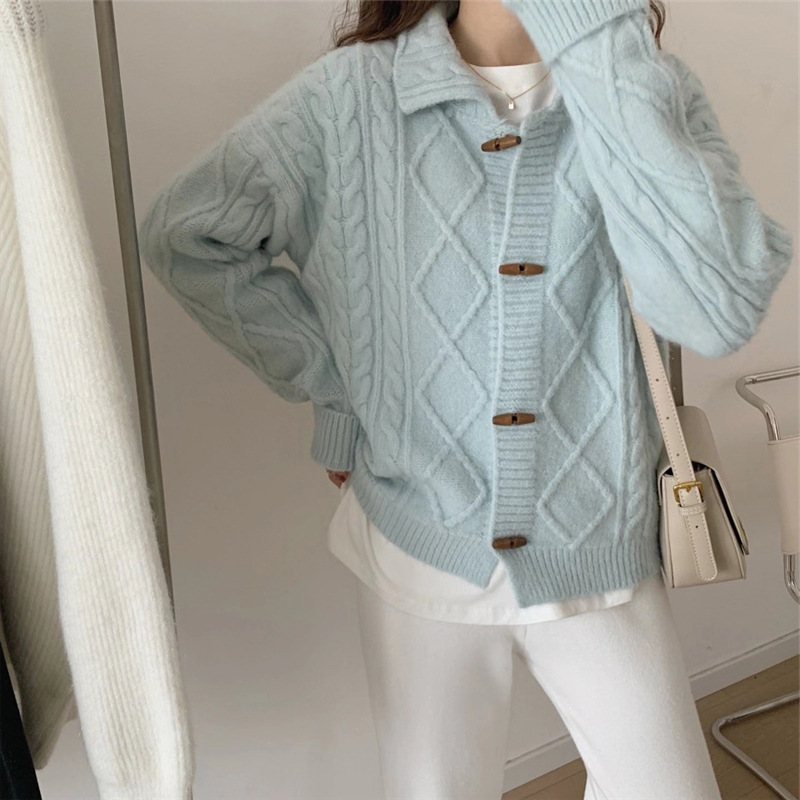 Horn button Twist Retro sweater solar system Cardigan spring clothes 2021 new pattern Easy knitting coat