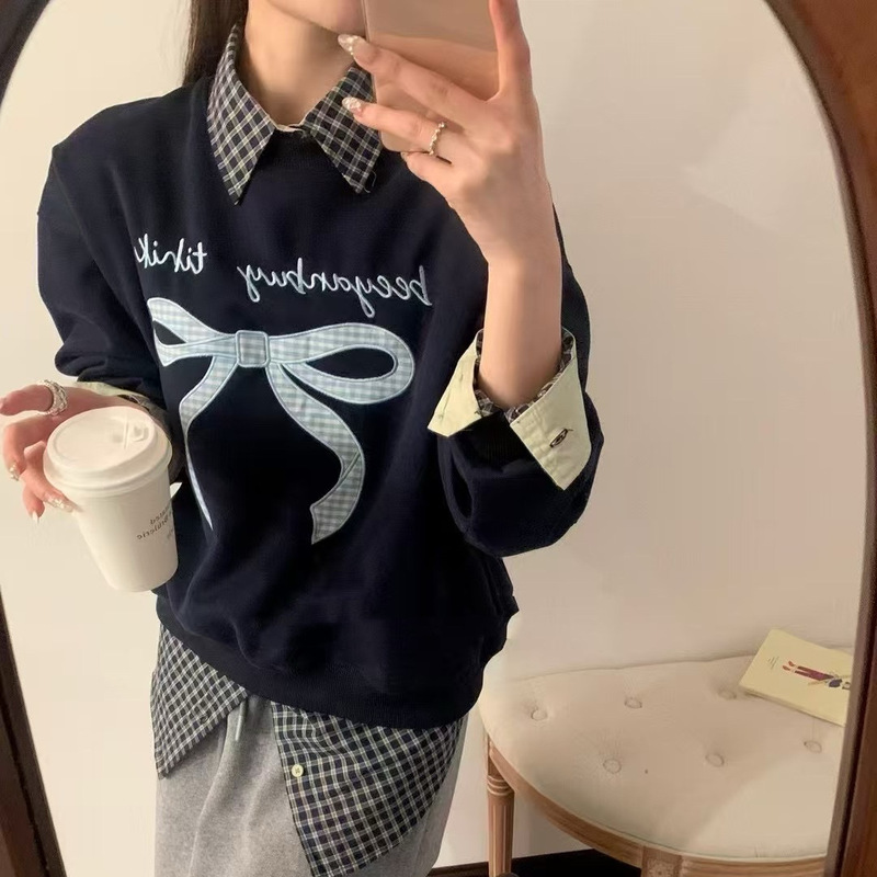 Special Offer In-Stock Korean Dongdaemun Designer Trendy Brand 26 Spring Bowknot Embroidered Sweatshirt for Women Loose Fit Top