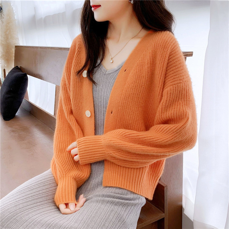 French V-Neck Candy Color Long Sleeve Cardigan Women's Loose Knit Sweater Coat Casual Elegant Outerwear_ecoleips.com
