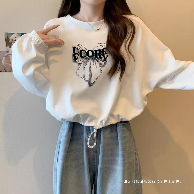 2025 Spring and Autumn New Style College Drawstring Thin Sweatshirt for Women, Autumn Korean Version, Lazy Loose Long Sleeve Short Top 2025 Spring and Autumn New Style College Drawstring Thin Sweatshirt for Women, Autumn Korean Version, Lazy Loose Long Sleeve Short Top