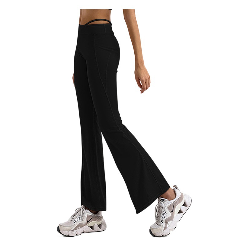 Deportes Fitness pantalones de cintura alta de las mujeres delgada cuerda sin vergüenza línea desnuda sensación de secado rápido pierna flaca pantalones acampanados entrega transfronteriza europea y americana