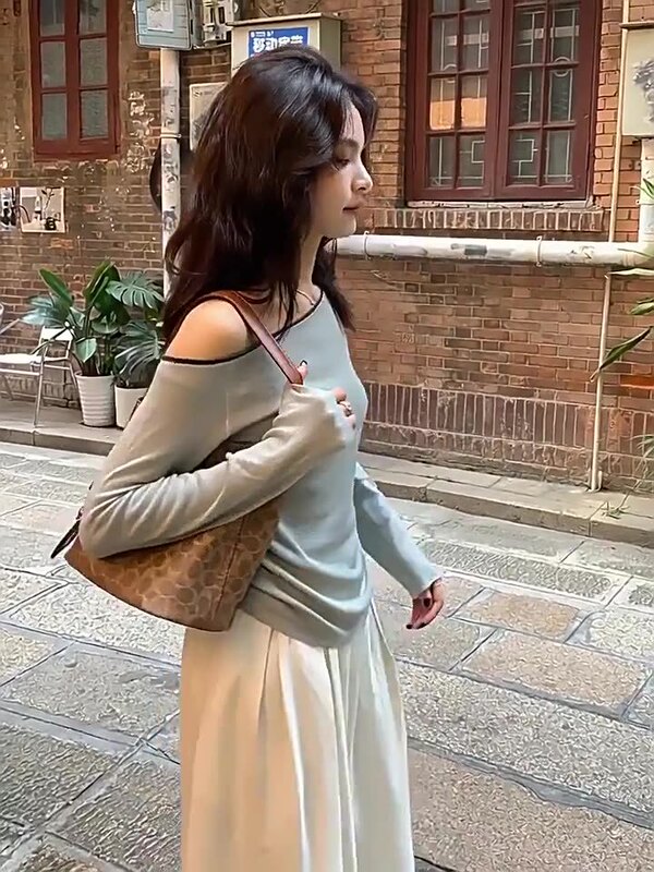 韩系早秋穿搭一字领针织衫毛衣女高级感修身气质内搭露肩打底上衣|undefined