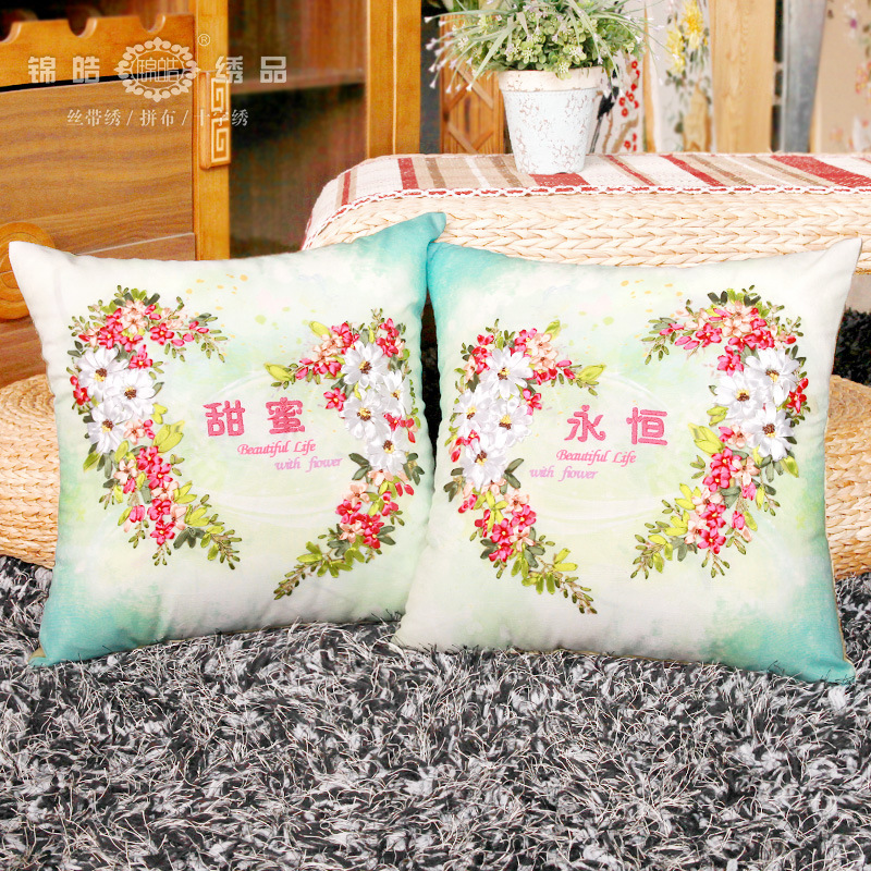 Fábrica al por mayor de color de impresión bordado de la cinta hecha a mano DIY paquete de material cojín funda de almohada flor frente mariposa volando doble platillo Flying dance