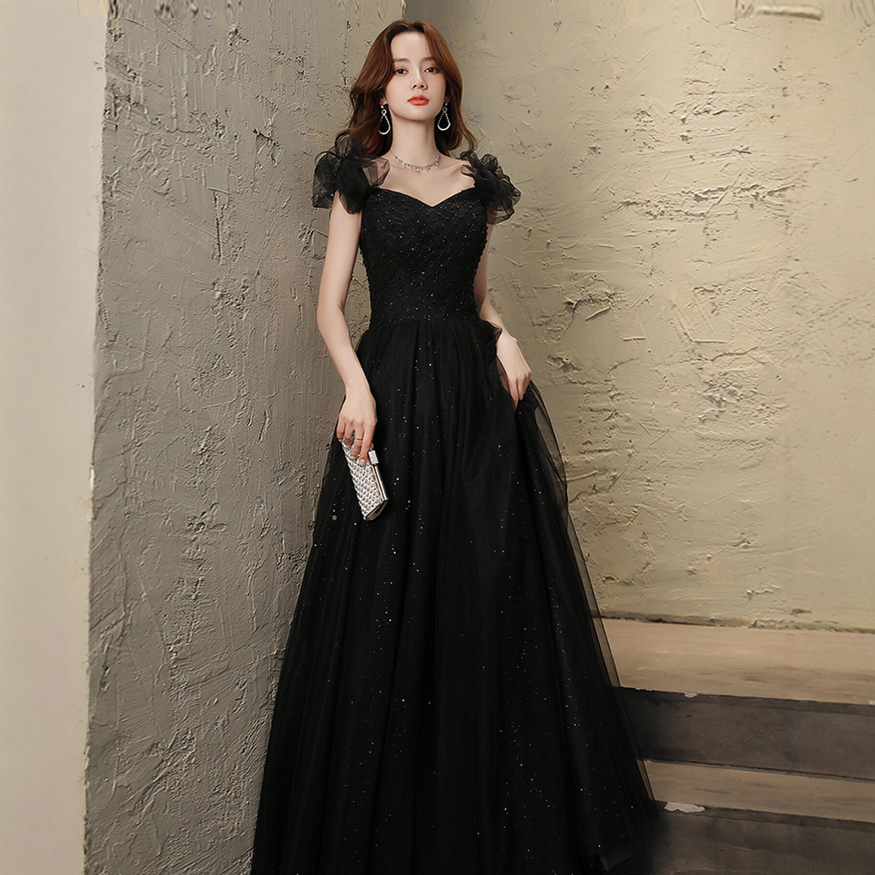 Black Evening Dress for Women, High-End Student Art Exam, Vocal Music Adult Ceremony, French Banquet Elegant, Host Petite