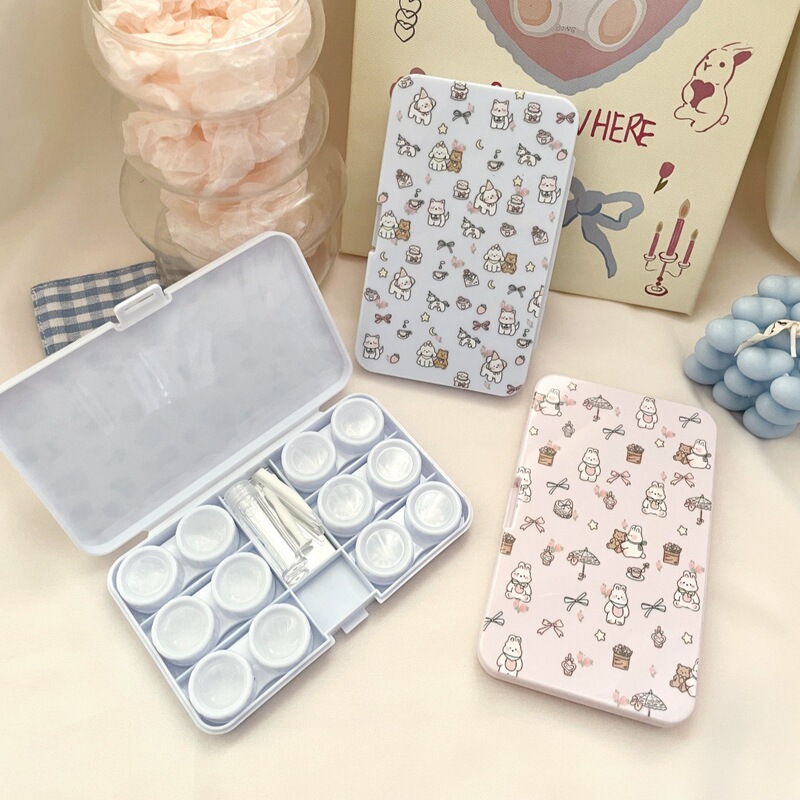 High-Looking Hand-Painted Cat Glasses Case, Large-Capacity Six-Pack Contact Lens Case, Companion Box with Mirror, Contact Lens Case