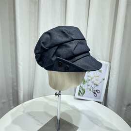 日系复古褶皱翻檐纽扣牛仔贝雷帽女春秋时尚个性鸭舌报童帽八角帽