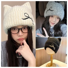 猫耳ウール帽子 2025 新しいリボンファッション年齢軽減ニット帽子女性の秋と冬暖かい韓国スタイル多用途帽子