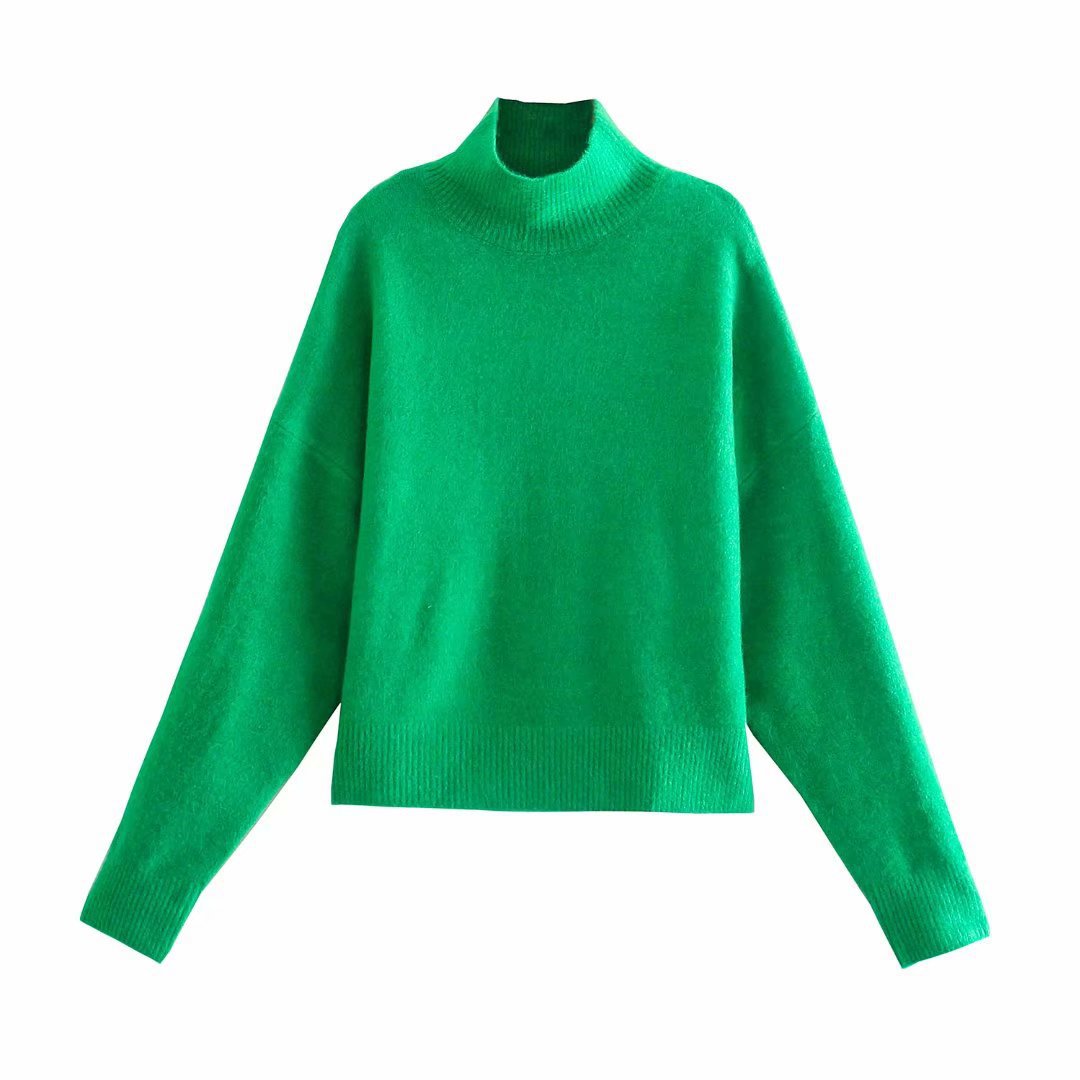 Green High Collar Long-Sleeved Sweater NSXFL101421