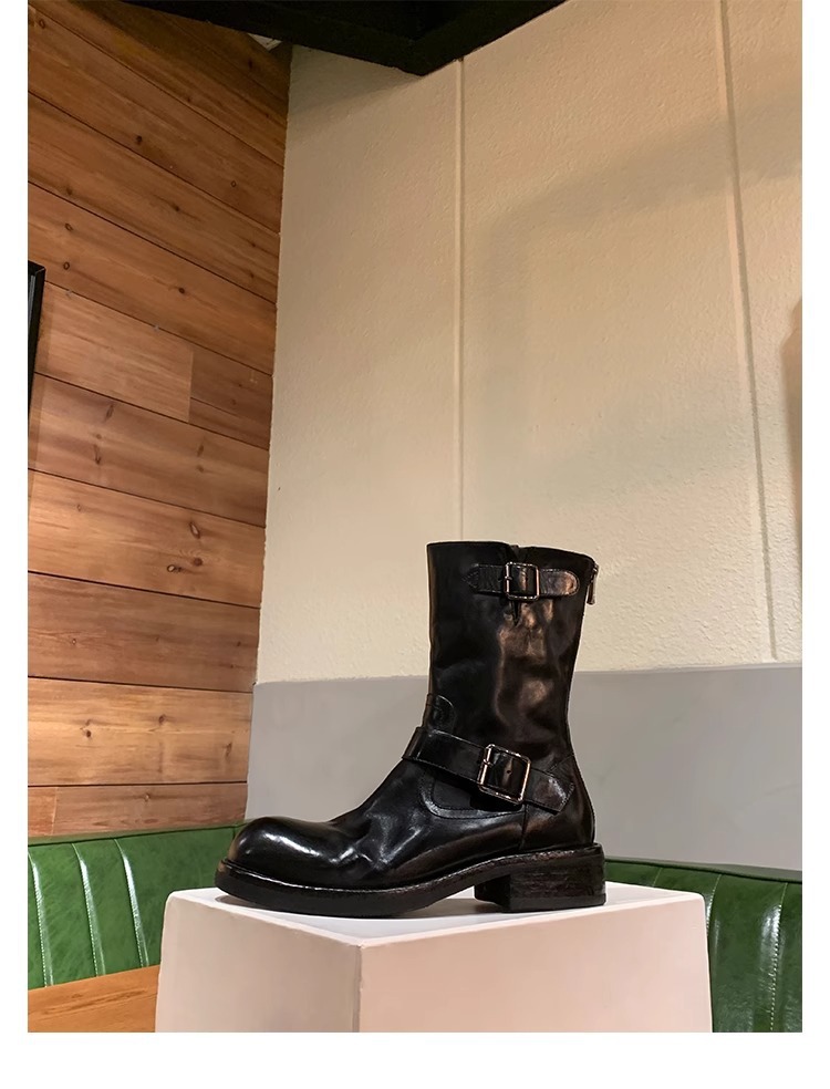 Modisches Schnallendesign, runde Zehenpartie aus Pferdeleder, kleiner dicker Absatz, hohe Absätze_voghion.com