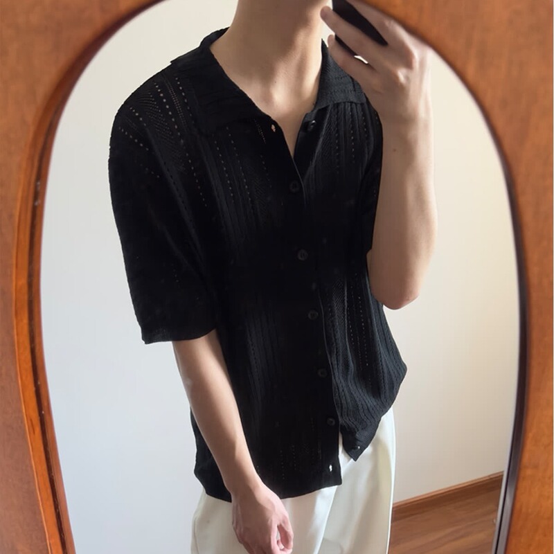 American Retro Hollow Square Collar Short-Sleeved Sweater Summer Fashionable Loose Lazy Lace Half-Sleeved High-End Men's Shirt