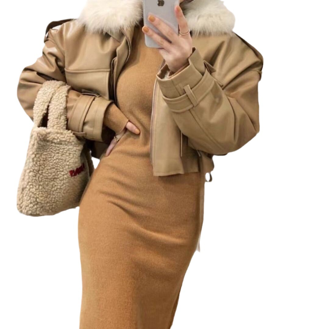 Women's Leather Fur Coat With Large Collar Loose Fit Thickened Velvet Short Cotton Outerwear For Autumn Winter Small Size_voghion.com
