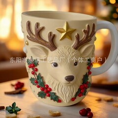 跨境新品圣诞款麋鹿立体浮雕马克杯家居桌面装饰品工艺品摆件礼物