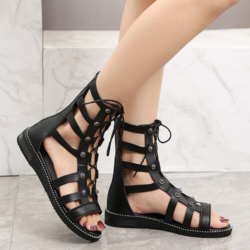 Women's Large Size Summer High-Top Open-Toe Ankle Boots with Roman Eyelets and Zipper Back