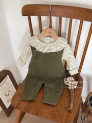 男女童婴幼儿宝宝秋冬毛线针织背带裤复古绿色爬服套装