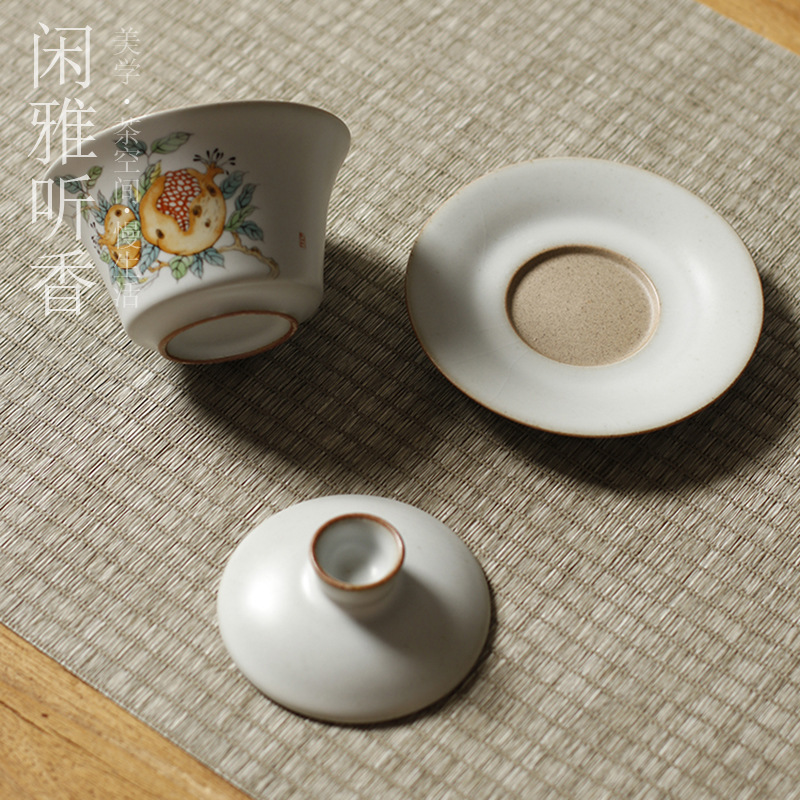 Luna blanca Ru horno filtro vintage cerámica Kung Fu juego de té con té japonés taza de té tazón de tres piezas cubierta tazón