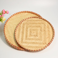 手工竹编红边圆竹盘竹簸箕菜干晾晒盘茶点篮蔬果收纳筐创意菜盘